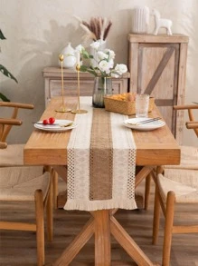 1pc Vintage Beige Tassel Decor Woven Table Runner, Polyester Kitchen Table Runner For Dining Table
