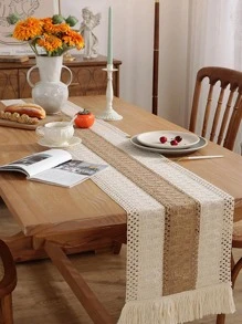 1pc Vintage Beige Tassel Decor Woven Table Runner, Polyester Kitchen Table Runner For Dining Table