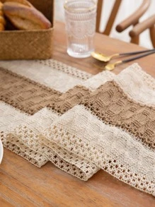 1pc Vintage Beige Tassel Decor Woven Table Runner, Polyester Kitchen Table Runner For Dining Table