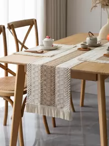 1pc Vintage Beige Tassel Decor Woven Table Runner, Polyester Kitchen Table Runner For Dining Table