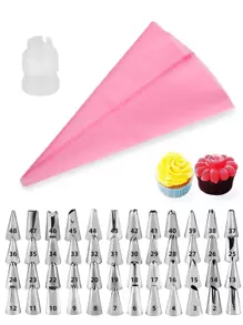 50pcs Pink Piping Bag Set, Stainless Steel Multifunction Piping Tip For DIY - Pink - View 1