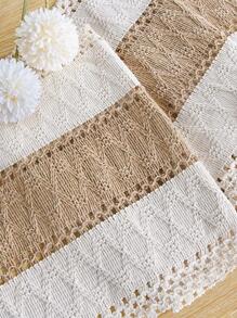 1pc Vintage Beige Tassel Decor Woven Table Runner, Polyester Kitchen Table Runner For Dining Table