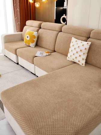 1pc Solid Color Sofa Seat Cover, Blue Polyester Sofa Seat Cushion Slipcover, For Living Room