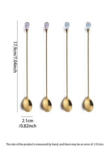 4 件装金色水钻装饰勺，创意家用不锈钢咖啡勺