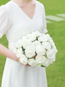 25 支红色人造玫瑰带茎，红玫瑰假花婚礼花束真实触感泡沫玫瑰人造花卉人造花茎，适用于新娘 DIY 花束婚礼家居派对装饰、母亲节礼物、情人节、礼物 - 白色 - 查看 2