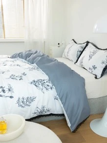 Mùa xuân/hè Hàng mới về Bộ ba mảnh Vỏ chăn bông Lotus Edge Craft ( 1 cái ) Và Vỏ gối ( 2 cái ), Tươi mới & Thời trang , Mềm mại & Thoải mái , Unisex , Tất cả các mùa , Thích hợp cho mùa thu đông , Thân thiện với làn da khi không mặc quần áo - Màu xanh lam - Xem 4