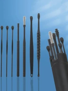 7/6PCS Ear Cleaner Earwax Removal Tool Earpick Curette Reusable Ear Cleaning Wax Remover Spring Spoon Ear Pick Cleanser Care - Black - View 1