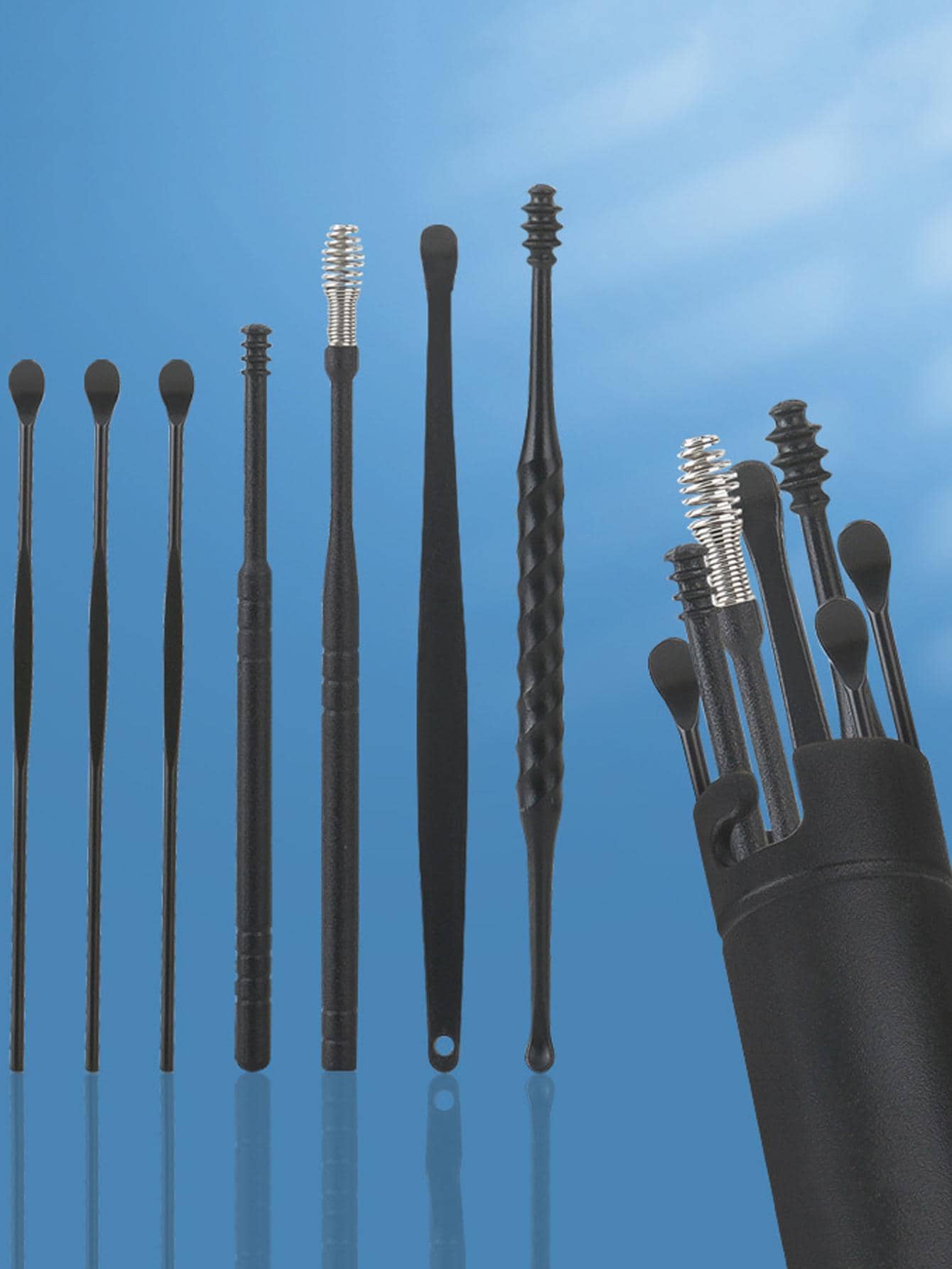 7/6PCS Ear Cleaner Earwax Removal Tool Earpick Curette Reusable Ear Cleaning Wax Remover Spring Spoon Ear Pick Cleanser Care - Black - View 1