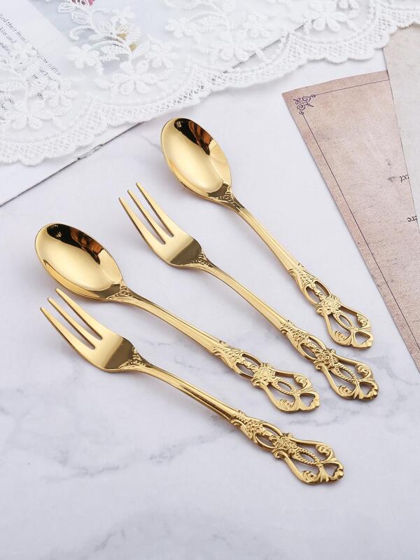 4pcs/Set Stainless Steel Fork & Spoon, Minimalist Plain Dining Cutlery For Kitchen Dining Table,Kitchen,Christmas Gift