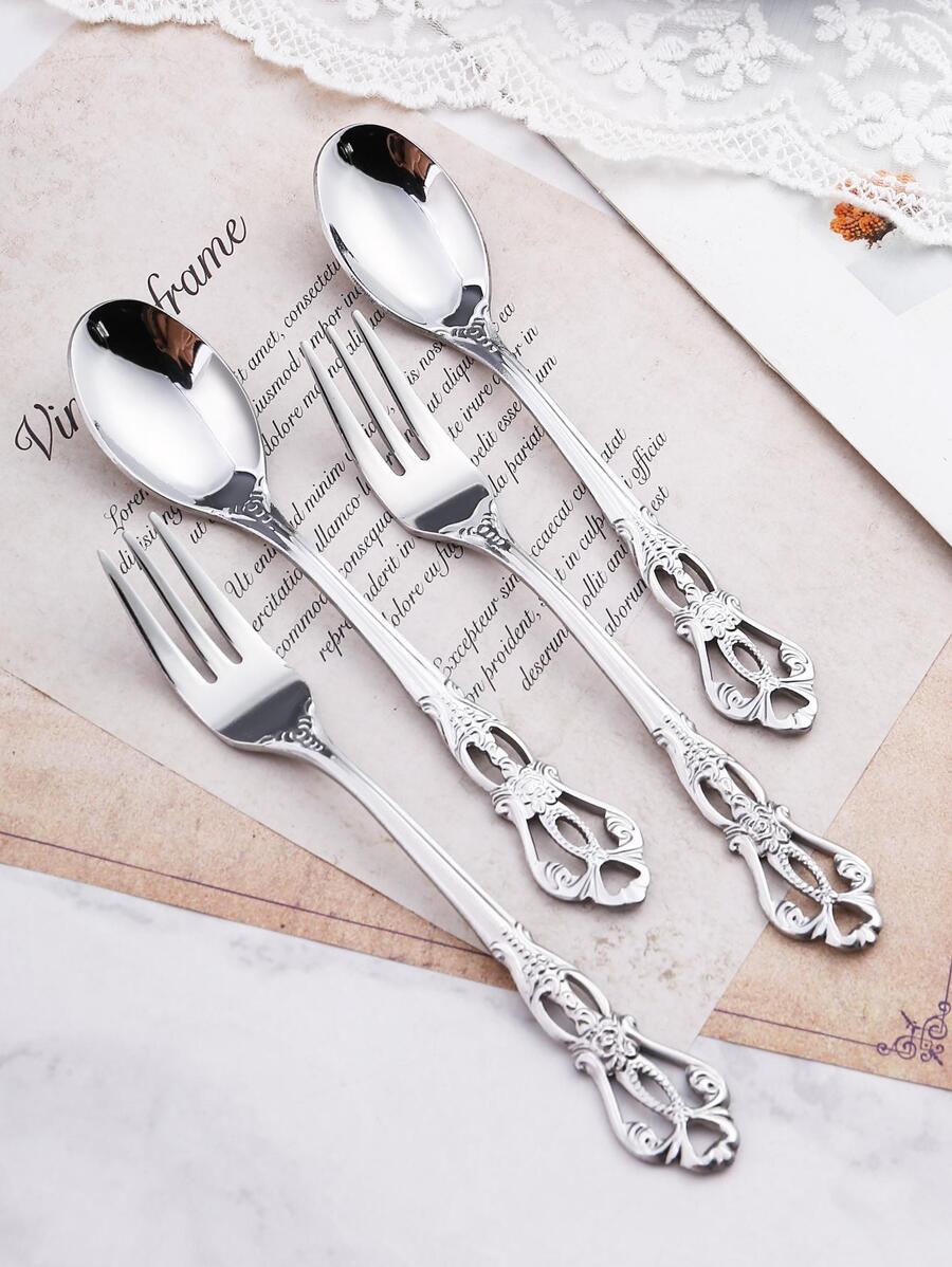 4pcs/Set Stainless Steel Fork & Spoon, Minimalist Plain Dining Cutlery For Kitchen Dining Table, Kitchen, Christmas Gift - Silver - View 1