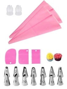 21入組不銹鋼裱花嘴和糕點袋和刮刀現代烘焙管道工具套裝烘焙