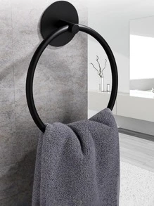 1pc Stainless Steel Towel Ring, Minimalist Solid Color Towel Bar For Bathroom - Black - View 1