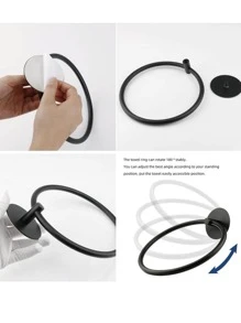 1pc Stainless Steel Towel Ring, Minimalist Solid Color Towel Bar For Bathroom - Black - View 5