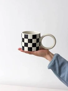 1 pieza Taza de oficina de trabajo moderno con patrón de cuadros para diariamente - Blanco y Negro - Ver 2