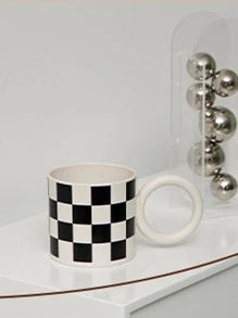 1 pieza Taza de oficina de trabajo moderno con patrón de cuadros para diariamente - Blanco y Negro - Ver 4