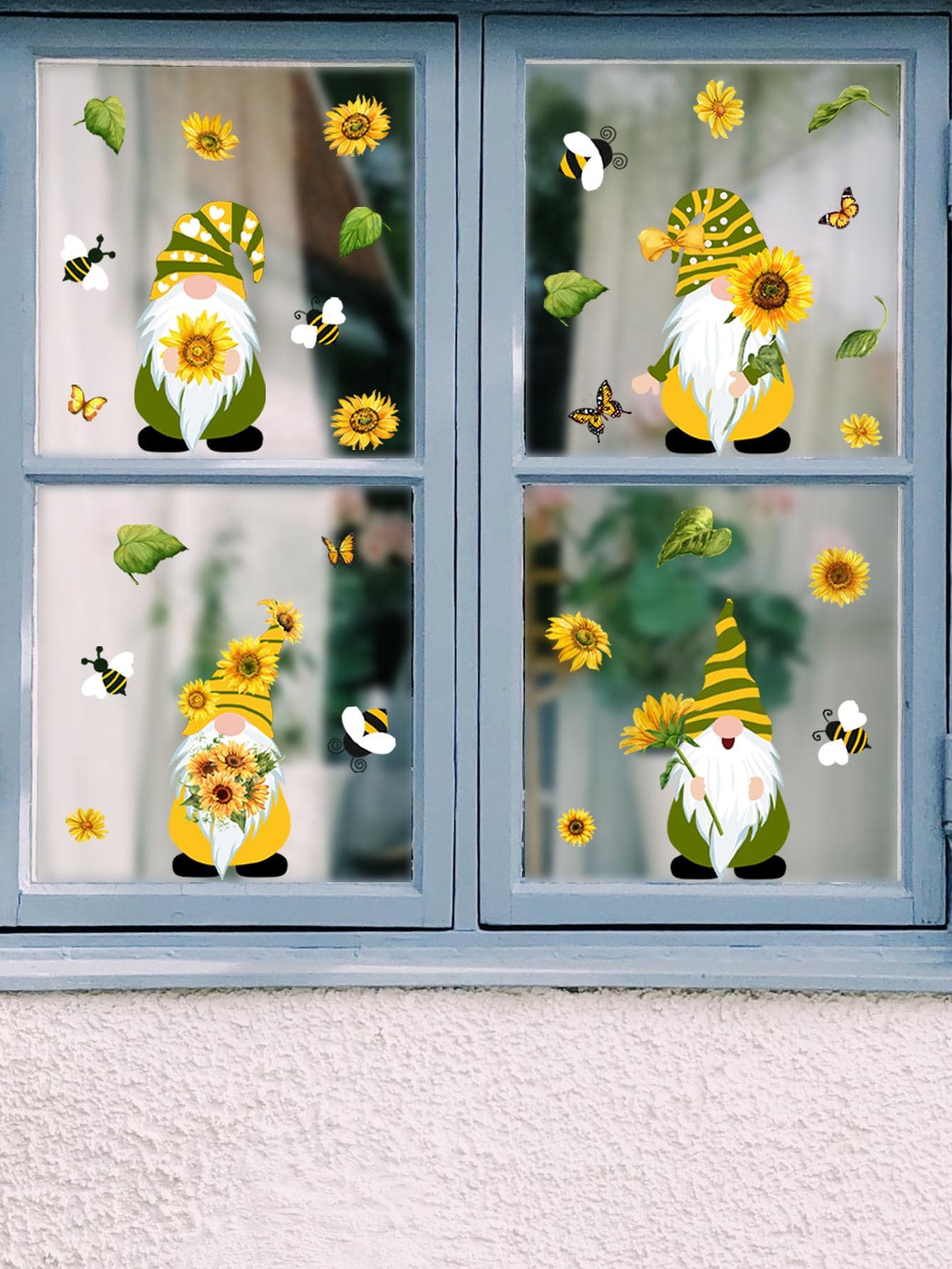 1件套PVC窗戶卡通可愛小矮人和花朵圖案裝飾膜適用於家庭 - 彩色 - 查看 1