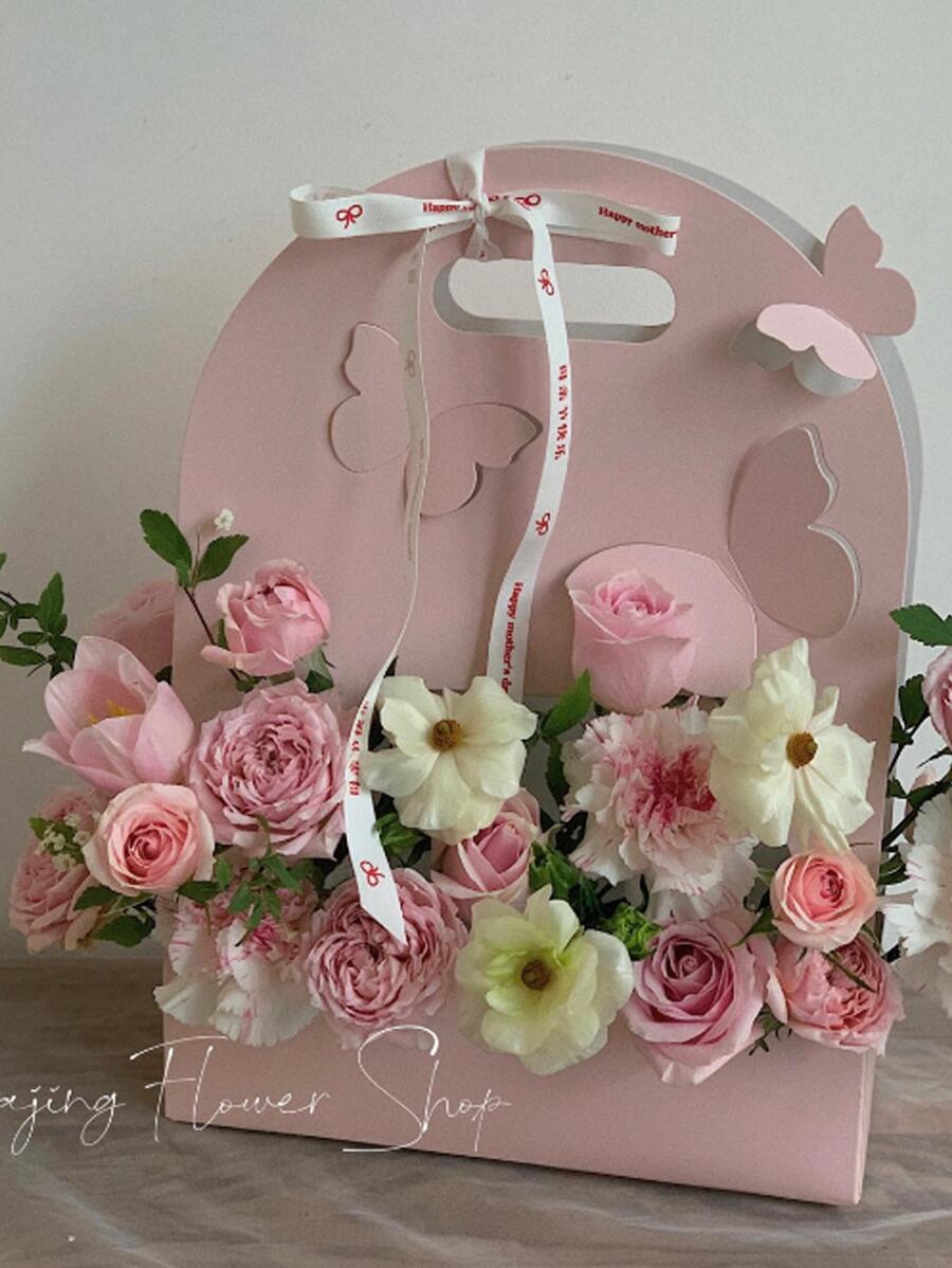 1pc Paper Packaging Box, Creative Butterfly Decor Box With Window And Divider For Mother's Day - Pink - View 1