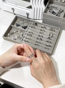 1pc Fabric Jewelry Tray, Minimalist Grey Rectangle Jewelry Storage Display Showcase Holder Box For Home - Grey - View 5