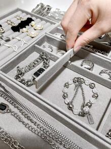 1pc Fabric Jewelry Tray, Minimalist Grey Rectangle Jewelry Storage Display Showcase Holder Box For Home - Grey - View 3