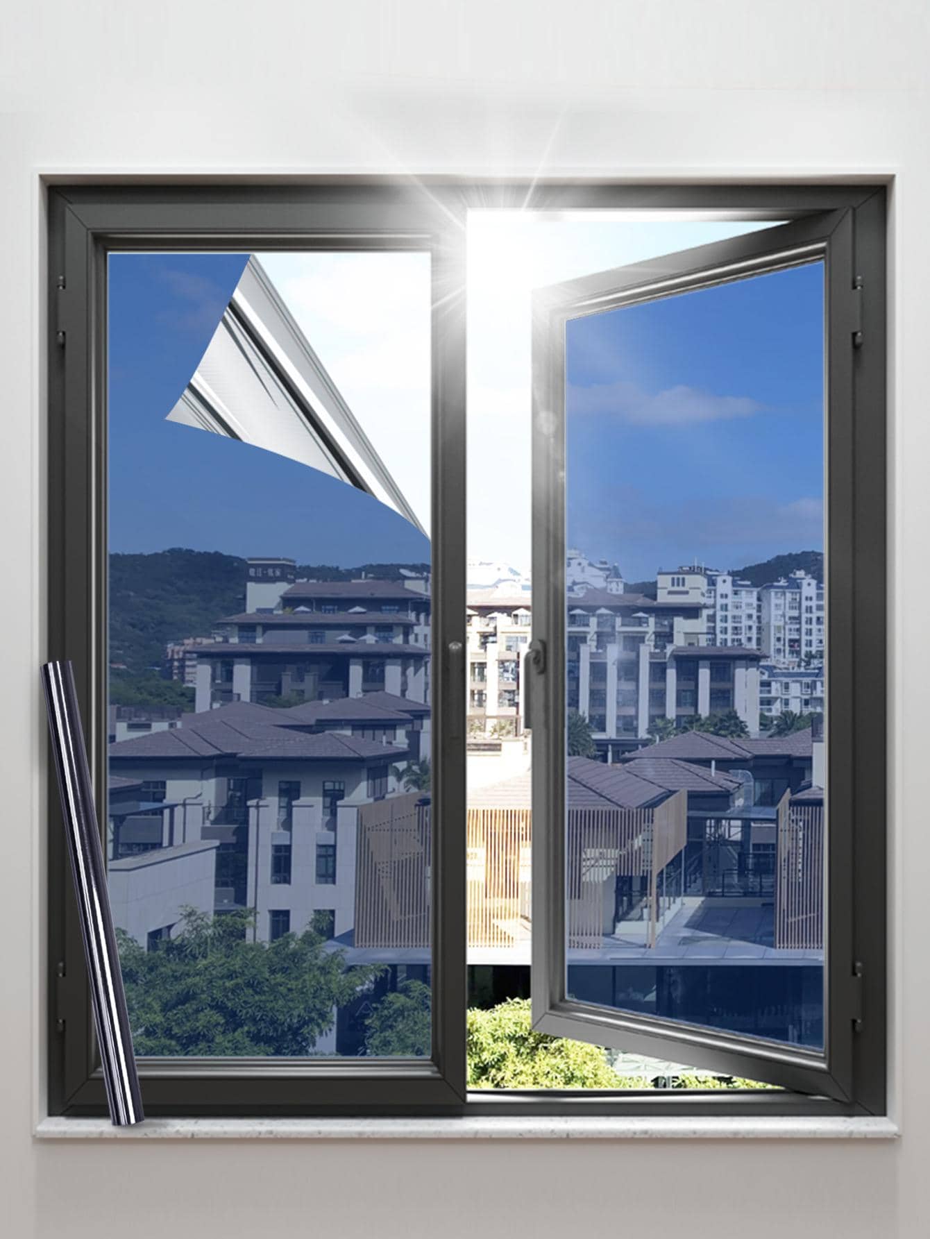 Phim dán cửa sổ riêng tư ban ngày một chiều cho gia đình và văn phòng, Phim dán cửa sổ ô tô phản quang chống tia cực tím bám tĩnh, đen / xanh / xám / bạc - Màu xanh lam - Xem 1