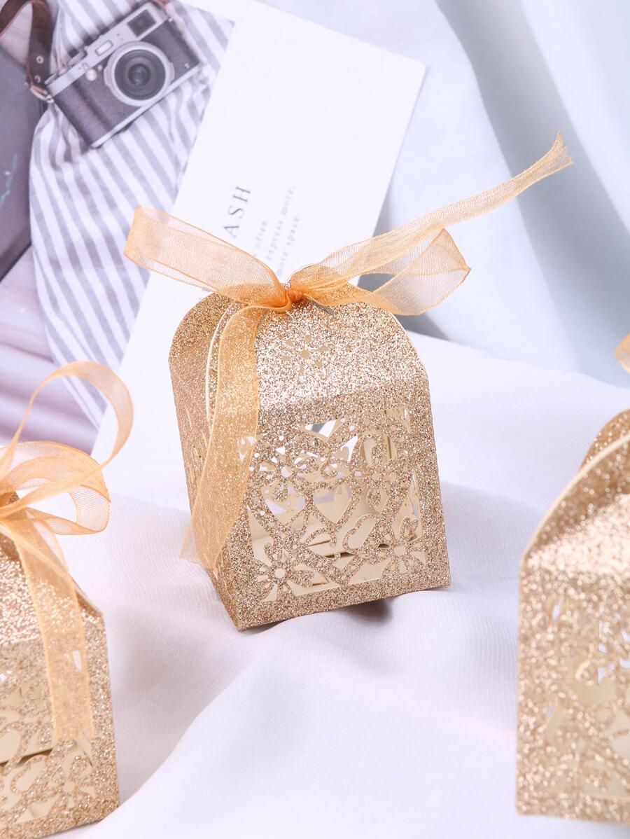 5入組金屬質感心和花卉圖案鏤空蝴蝶結裝飾禮品包裝創意紙禮物盒適合派對 - 金色 - 查看 1