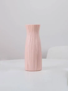 1pc Modern Minimalist Plastic Ceramic-Like Vase With Tall Pampas Grass, Farmhouse Boho White Wavy Textured Cylindrical Vase, Artificial Floral Decor, Home Centerpiece For Living Room, Wedding, Office - Pink - View 5