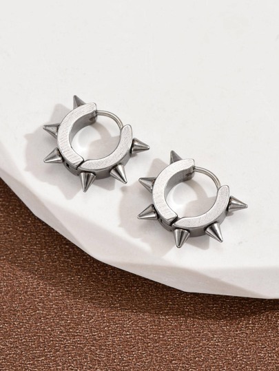 1pair Fashionable Stainless Steel Spiked Decor Hoop Earrings For Men For Daily Decoration