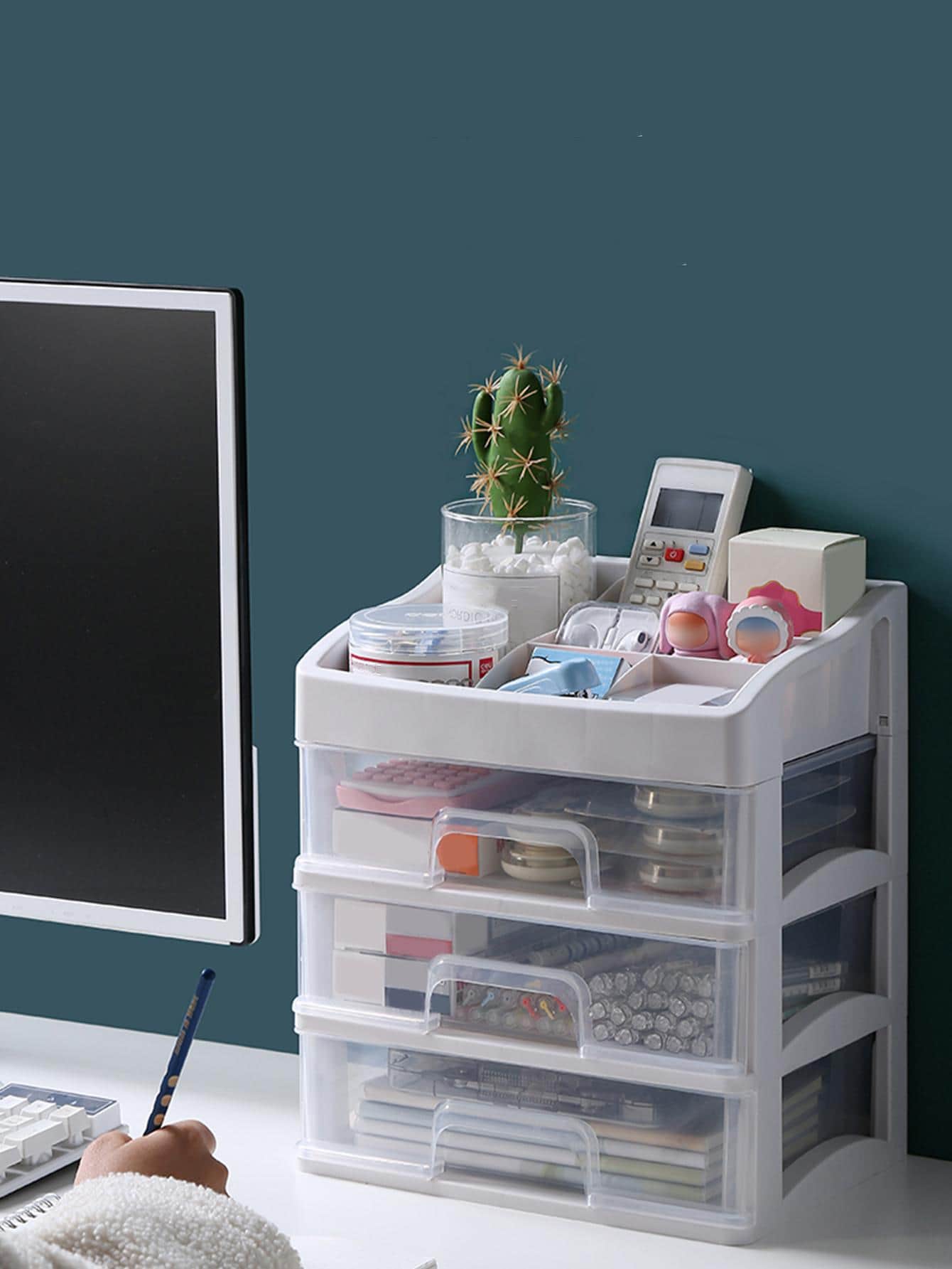 1pc Solid Color Stationery Storage Box, Simple Multi-layer Desk Holder For Student, Office Stationery Storage - Clear - View 1