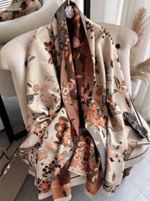 件女士人造羊絨提花格紋花朵印花圍巾披肩，加厚保暖，適合秋冬日常使用 - 彩色 - 查看 1