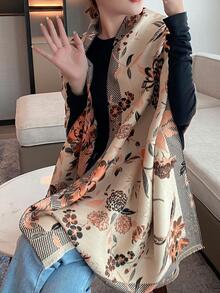 件女士人造羊絨提花格紋花朵印花圍巾披肩，加厚保暖，適合秋冬日常使用 - 彩色 - 查看 8