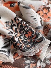 件女士人造羊絨提花格紋花朵印花圍巾披肩，加厚保暖，適合秋冬日常使用 - 彩色 - 查看 7