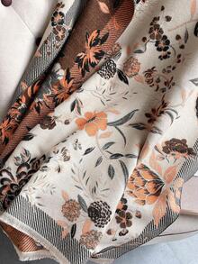 件女士人造羊絨提花格紋花朵印花圍巾披肩，加厚保暖，適合秋冬日常使用 - 彩色 - 查看 5