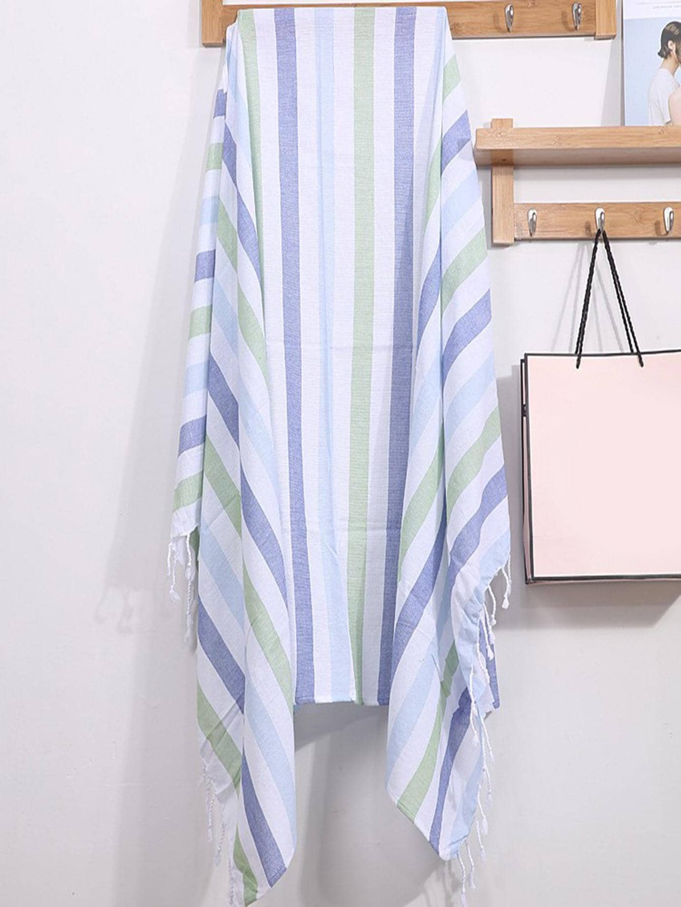 1 buc prosop de plajă cu model dungat, prosop de plajă cu decor modern din material textil cu ciucuri pentru călătorii în aer liber, articole esențiale pentru plajă, vacanță - Multicolor - Vizualizare 1