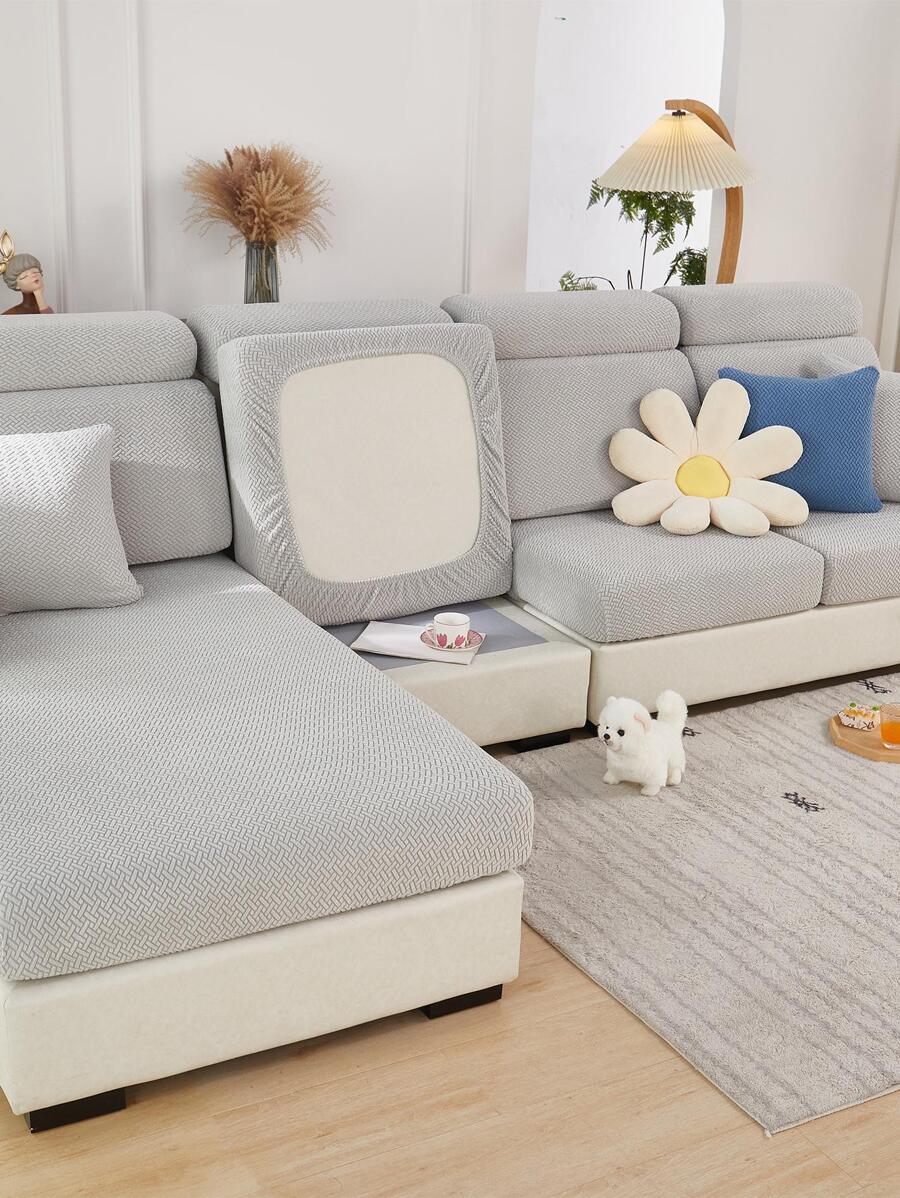 1入組提花素色有彈性沙發坐墊現代滌綸沙發墊套適用於家庭 - 淺灰色 - 查看 1