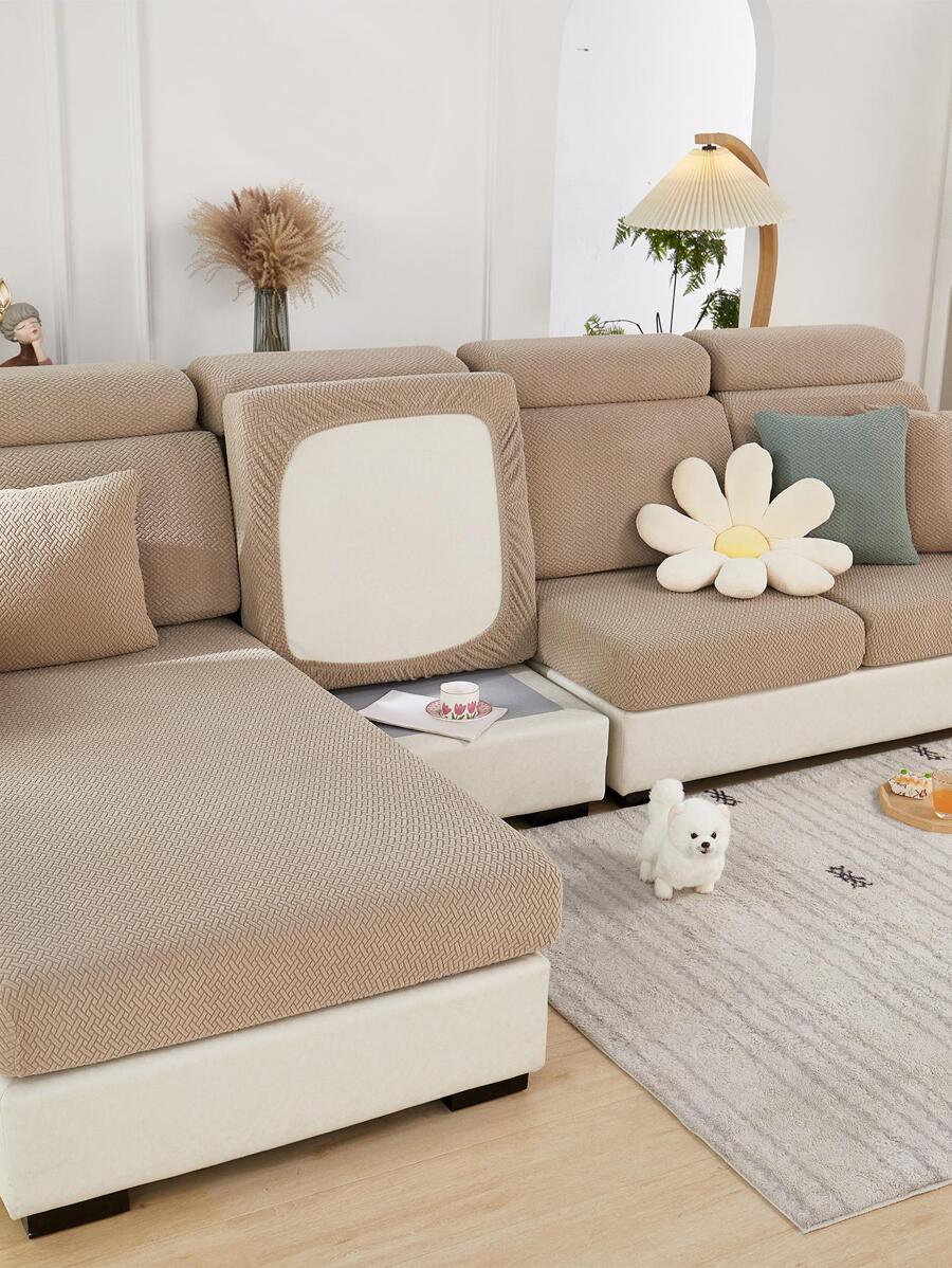 1入組提花素色有彈性沙發坐墊現代滌綸沙發墊套適用於家庭 - 卡其色 - 查看 1