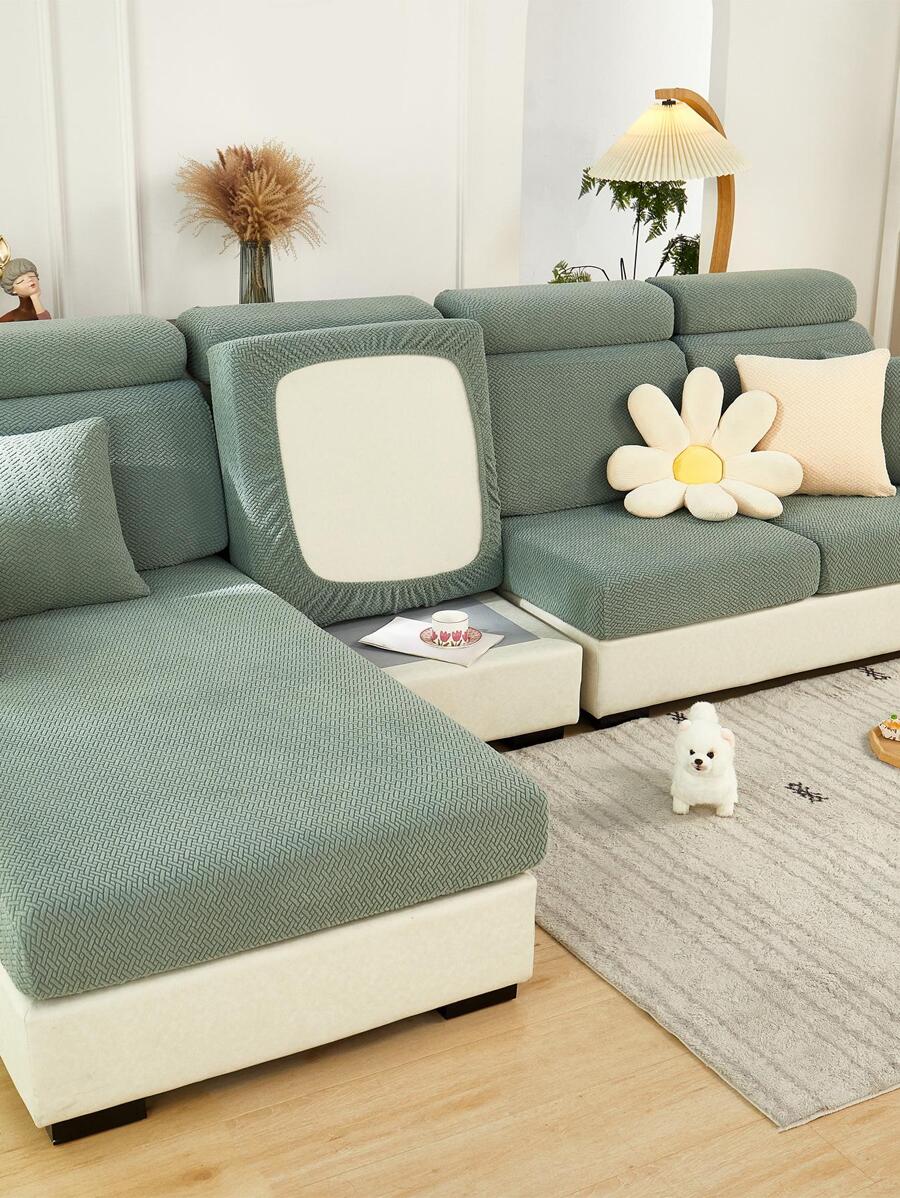 1入組提花素色有彈性沙發坐墊現代滌綸沙發墊套適用於家庭 - 綠色 - 查看 1