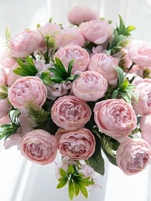 1入組人工牡丹花絲綢繡球花束婚禮裝飾DIY花環材料，新娘手持花，手腕花，胸花，頭花裝飾配件，婚車裝飾，門樑拱門裝飾，家居，餐廳，臥室，花瓶裝飾，生日派對裝飾材料，情人節和新年禮品 - 淺粉色 - 查看 3