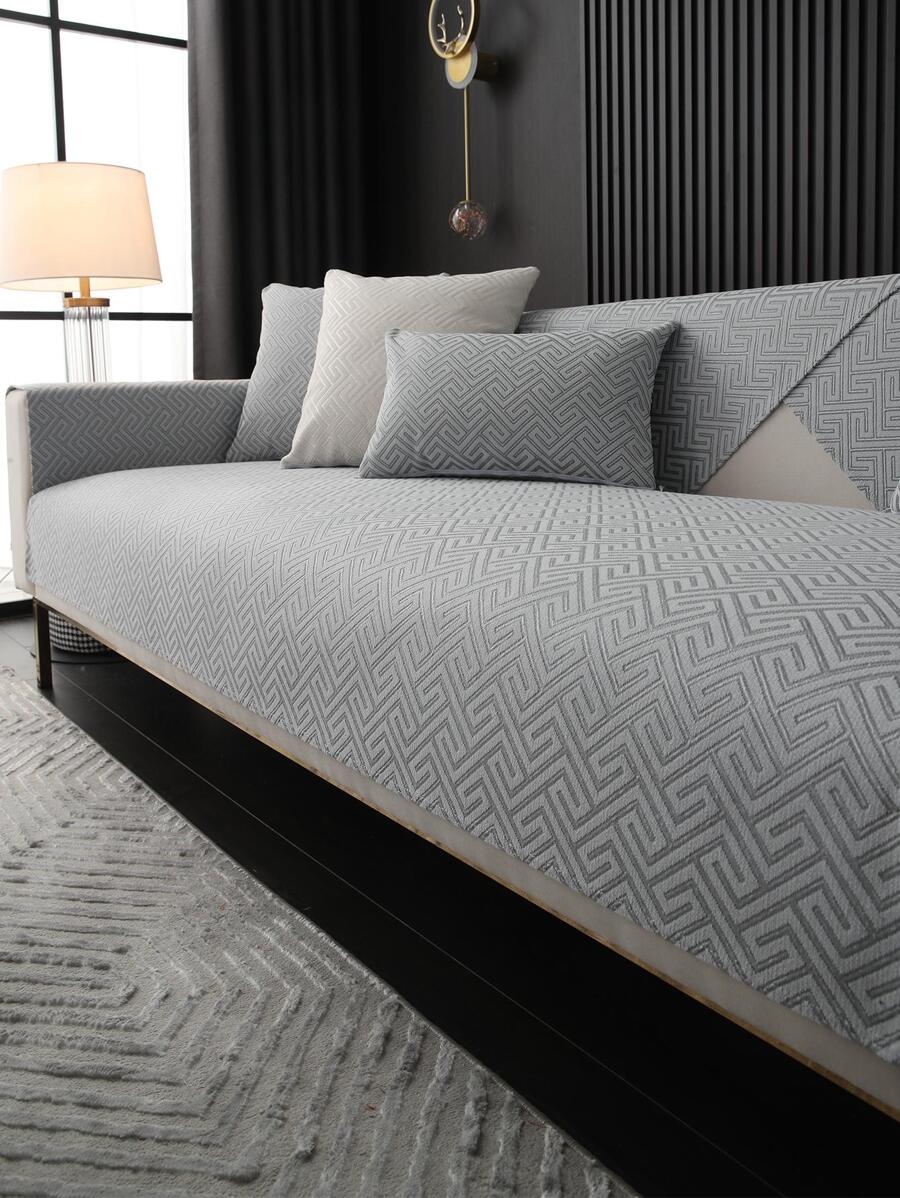 1pc Geometric Pattern Sofa Towel, Minimalist Polyester Sofa Cover Blanket For Home - Grey - View 1