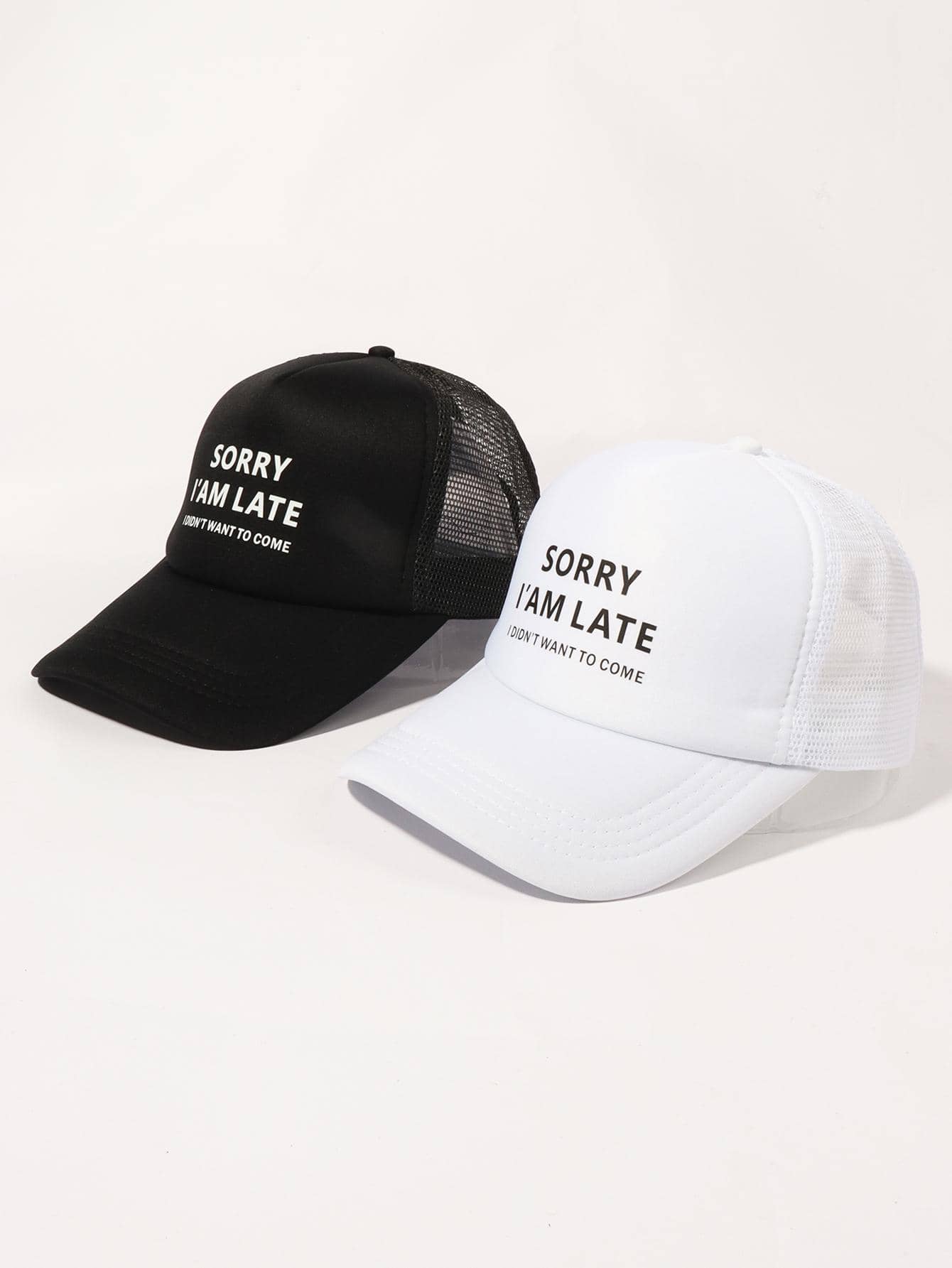 2入組女式標語圖案可調節運動卡車司機帽適合戶外 - 黑與白 - 查看 1