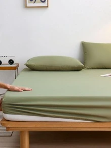 1pc Solid Color Fitted Sheet, Minimalist Fabric Fitted Bottom Sheet For Bedroom - Green - View 3
