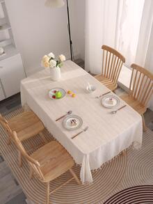 1入現代簡約純色竹節麻桌布,帶流蘇裝飾 - 米色 - 查看 4