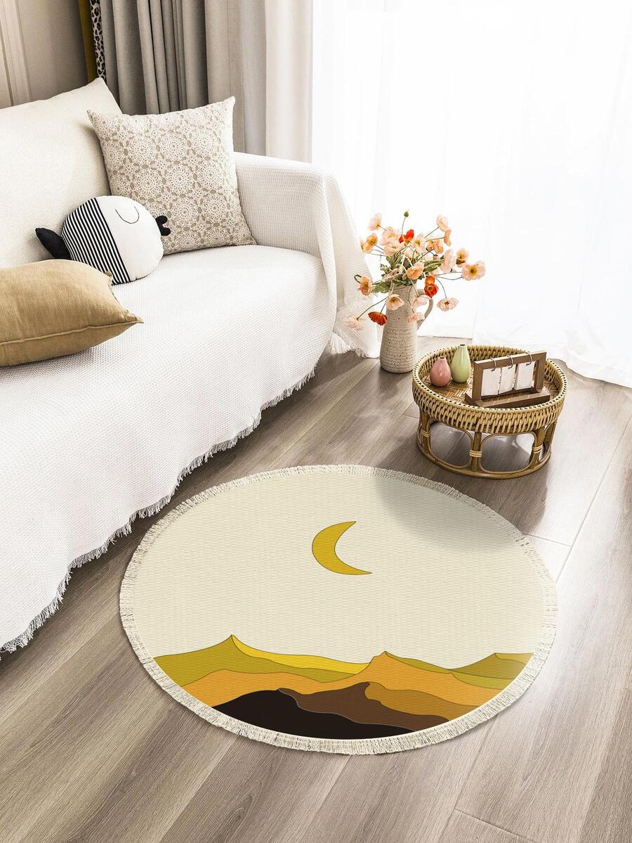 1入組月亮和山圖案地毯現代滌綸流蘇裝飾地板地毯適合家用 - 彩色 - 查看 1