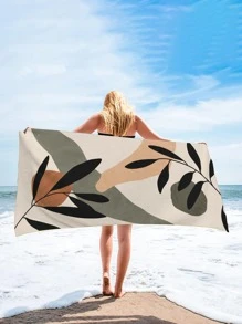 1條葉子圖案沙灘巾超細纖維矩形旅行沙灘巾適合游泳、潛水、夏季 - 杏色 - 查看 2