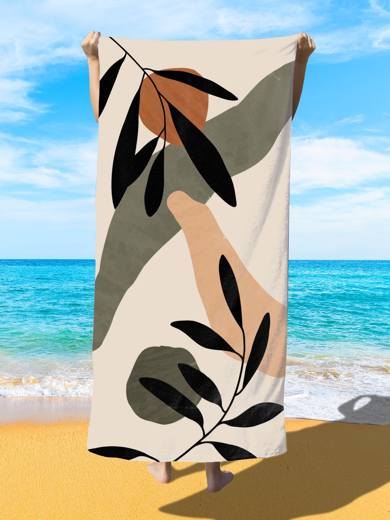 1條葉子圖案沙灘巾超細纖維矩形旅行沙灘巾適合游泳、潛水、夏季 - 杏色 - 查看 1
