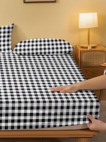 1pc Plaid Pattern Fitted Sheet, Modern Fabric Dustproof Fitted Bottom Sheet For Home - Black and White - View 3