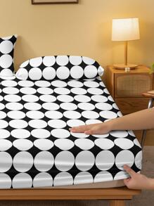 1pc Geometric Pattern Fitted Sheet, Modern Fabric Breathable Fitted Bottom Sheet For Home - Black and White - View 4