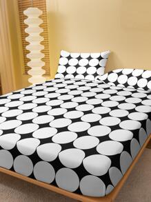 1pc Geometric Pattern Fitted Sheet, Modern Fabric Breathable Fitted Bottom Sheet For Home - Black and White - View 2
