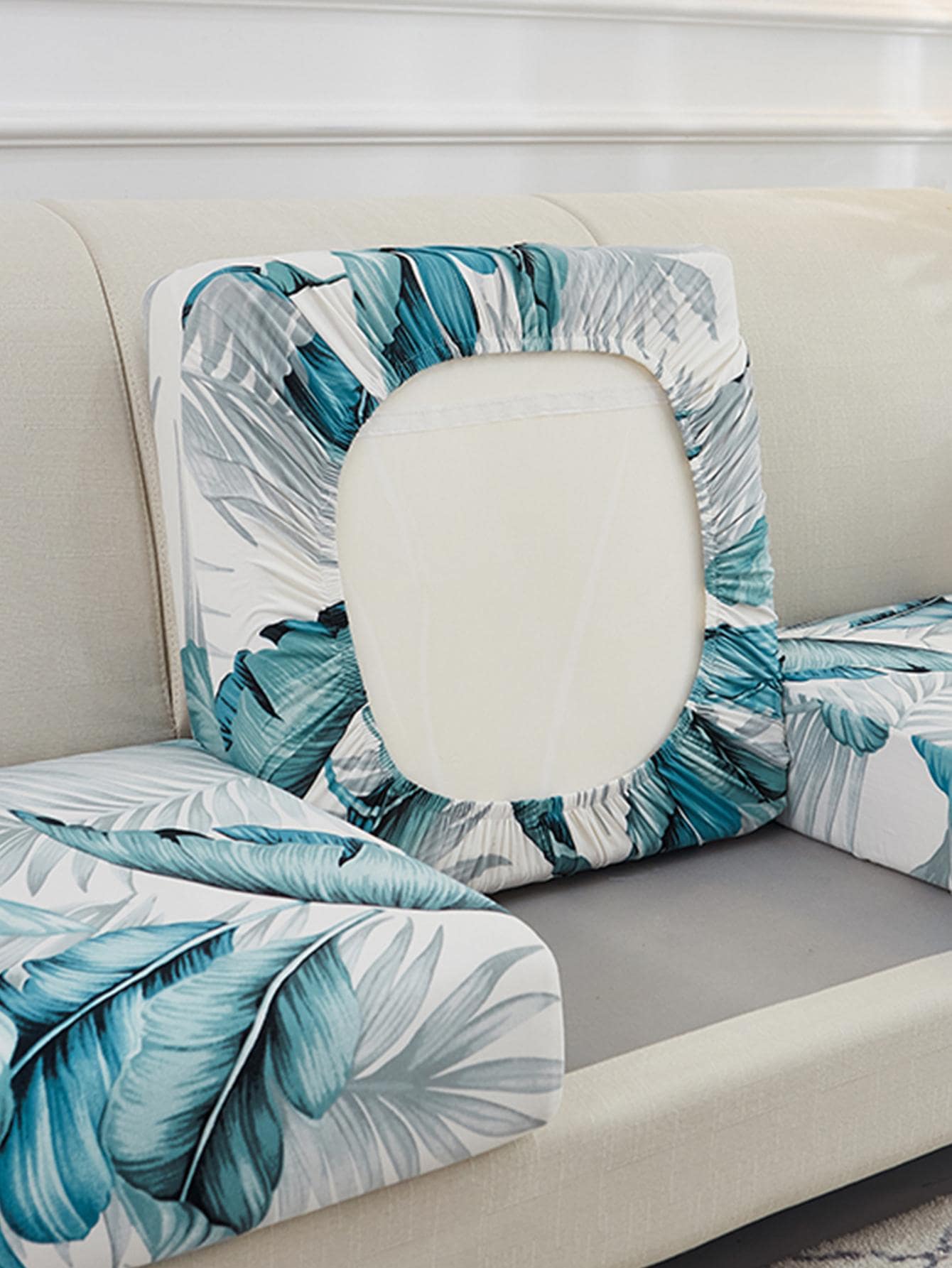 1pc Leaf Print Sofa Seat Cushion Cover, Modern Tropical Leaf Print Sofa Cushion Cover For Household - Blue - View 1