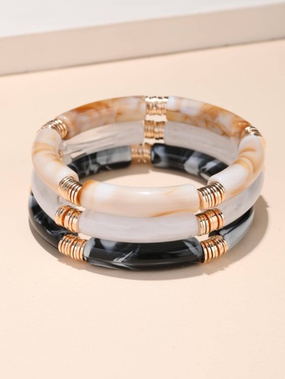 3 pièces/set Bracelet élastique en bambou multicolore avec motif de poissons et de moutons de style bohème, avec breloque en résine pour femmes