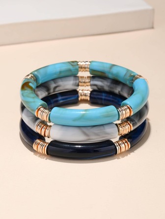 3pcs/Set Bohemian Fish Sheep Multi-Color Bamboo Elastic Bracelet For Women Elastic Resin Tube Bead Cuff Bracelet Bracelet Women Jewelry